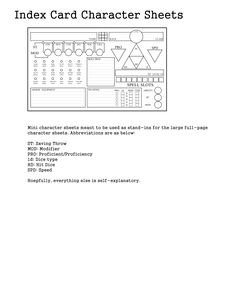 the index card character sheet is shown in black and white, as well as an image of