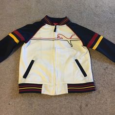 Size 3. Cream With Navy Blue, Burgundy And Golden Yellow Casual Yellow Outerwear For School, Sporty White Outerwear For School, Cream And Gold, Golden Yellow, Blue Cream, Gold Yellow, Kids Jacket, Puma Jacket, Color Blue