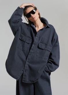 Dallas Denim Overshirt - Dark Grey – The Frankie Shop Oversized Collared Shirt With Patch Pockets, Oversized Long Sleeve Top With Flap Pockets, Oversized Top With Flap Pockets And Long Sleeves, Washed Black Tops With Pockets For Work, Oversized Collared Shirt With Pockets, Relaxed Fit Denim Jacket With Button Cuffs, Relaxed Fit Collared Denim Jacket With Button Cuffs, Oversized Casual Denim Jacket With Button Cuffs, Denim Blue Cotton Shacket For Work