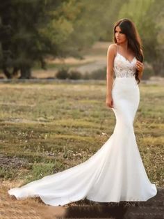 Spaghetti-Strap V-Neck Mermaid Wedding Dresses - wedding dresses Illusion Bridal Gown, Boho Wedding Dress With Sleeves, Satin Mermaid Wedding Dress, Modest Bridal Gowns, Bridal Dresses Lace, Backless Wedding, Wedding Dresses Satin, Gorgeous Sunset, Wedding Dress Trends