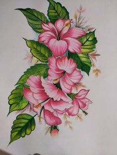 a drawing of pink flowers with green leaves