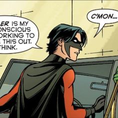 a comic strip with a batman and robin wayne talking to each other, one is holding a bat