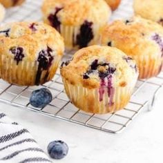 blueberry muffins on a cooling rack with fresh blueberries in the background