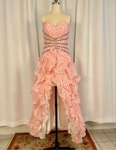 "~ Channel your inner Barbie in this stunning, NWOT (* slight dust at hem), pink and white polka gown! Size six, but seems closer to a four as shown on mannequin; see measurements below.  100% polyester, fully lined with built in bustier.  She floats like silk.  Beautiful rhinestone details in a figure flattering shape.  * Margot Robbie ( or your stylist), special Barbie Star offer!!  Original retail -$600.00 Zipper up back. Measurements: Doubled except length Bust - 15.5 Ribcage- 13\" Waist-14\" Hips-20+ Top chest top of \" high\" part of skirt (thigh level) -25\" Total length (top of chest to rear hem) - 50\"  Thanks for taking a look, feel free to reach out with any questions." Barbie Star, Paris 6, Dress Up Jeans, Georgetown Tx, Pink Lillies, Bridal Shower Dress, 1980s Dresses, Wedding Gowns Vintage, Rainbow Dress