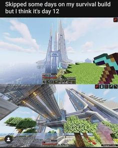 two pictures of some very tall buildings with trees on each side and the words skyped some days on my survival build, but i think it's day 12