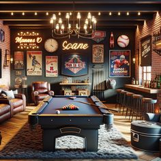 Unleash your inner child with this luxurious man cave. It boasts a bold full-size pool table, vintage popcorn machine, table football, leather recliner, and a mini bar! Curl up by the brick fireplace or enjoy your favorite movie on the home theater system. #ManCave #LuxuryDesign #EntertainmentRoom #HomeTheater #GameRoom #BasementReno Game Room Basement Luxury, Rustic Games Room, Playroom Pool Table, Pool Table Interior Design, Movie Man Cave, Game Room Den Ideas, Man Cave Brick Wall, Games Room Garage, Home Bar And Games Room