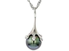 11mm Cultured Tahitian Pearl Rhodium Over Sterling Silver Pendant with Chain. Pendant measures approximately 1 1/4" L x 7/16" W and has a 2.5mm bail. Singapore chain measures approximately inches in length, 1/32 of an inch in width with a lobster claw clasp closure and a 2 inch extender. Colors, shapes, and sizes may vary. Silver Tahitian Pearl Round Pendant Jewelry, Silver Tahitian Pearl Pendant, Tahitian Pearl Round Pendant Necklace For Formal Occasions, Tahitian Pearl Teardrop Jewelry For Formal Occasions, Silver Teardrop Tahitian Pearl Jewelry, Silver Tahitian Pearl Teardrop Jewelry, Silver Tahitian Pearl Pendant Jewelry, Formal White Gold Jewelry With Tahitian Pearl, Elegant Engraved Drop Jewelry