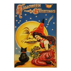 an old fashioned halloween greeting card with a witch and her cat on the full moon