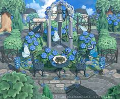 an artistic painting of a garden with blue flowers and butterflies on the table, in front of a gazebo