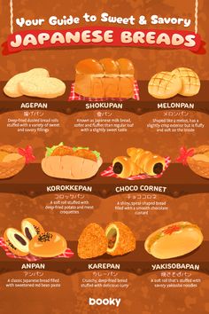 a poster with different types of breads and buns on it, including the words your guide to sweet & savory japanese breads