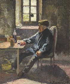 an old man sitting at a table in front of a window