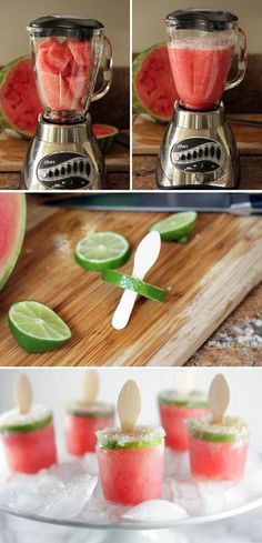 watermelon popsicles are being made in a blender and placed on a cutting board