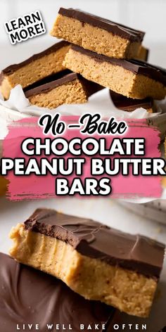 no bake chocolate peanut butter bars stacked on top of each other with text overlay