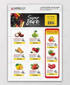 the super sale flyer is shown in red, yellow and green colors with an image of fruits