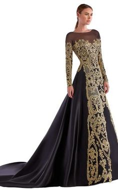 Sophisticated illusion neckline gown from Edward Arsouni CoutureAdd a perfect amount of glitz and glamour... Modest Formal Dress, Couture Dresses Gowns, Edward Arsouni, Modest Evening Gowns, Conservative Dresses, Organza Gowns, Gold And Black Dress, Gareth Pugh, Long Sleeve Gown