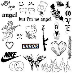 an assortment of tattoos and stickers with the word error written in black ink on a white background