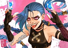 an anime character with blue hair and piercings holding two scissors in one hand while wearing black gloves