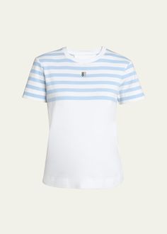 "Find GIVENCHY Striped Top T-shirt With 4g Logo Detail on Editorialist. Givenchy striped tshirt features a \"4G\" logo at the front Crew neckline Short sleeves Hip length Pullover style Cotton Made in Portugal" White Short Sleeve Tops With Signature Stripes, Blue Tops With Signature Stripes For Summer, Sporty Summer Tops With Signature Stripes, Sporty Striped Summer Tops, Short Sleeve Tops With Signature Stripes For Spring, Spring Short Sleeve Tops With Signature Stripes, Striped Tshirt, Top T Shirt, Hip Length