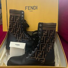 Slightly Worn And Excellent Condition Boots. Classic Ff Logo On The Boots. These Were Purchased Directly At Fendi In Galleria Houston 2021. Logo Motif In Black And Brown Base Color. Fits Great Like A Sock Around The Legs. Non Negotiable Pricing. Galleria Houston, Fendi Boots, Color Fits, Ff Logo, Fendi Shoes, Shoes Heels Boots, Base Colour, Shoes Women Heels, Houston