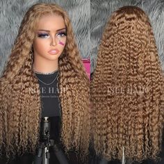 ISEE Wear Go Deep Curly Honey Blonde #27 Color Wigs Pre-Cut Glueless Lace Wig Wigs Skunk Stripe, Honey Blonde Curly Wig, Colored Lace Wigs, Blonde Curly Wig, Color Wigs, Deep Curly, Curly Wig, Wigs Online, Honey Blonde