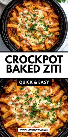 crockpot baked ziti in a black casserole dish with cheese and parsley