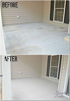 before and after photos of a patio being painted with white paint on the side of a house