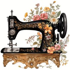 an old sewing machine with flowers painted on it