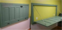 two pictures side by side of a green window and the other has a chain hanging from it