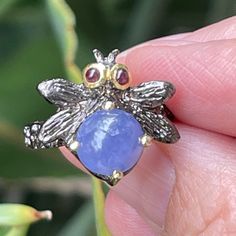 This Is An Amazing Natural Tanzanite Garnet Oxidized Sterling Silver Size 7.0 Bee / Insect Ring. The Center Gemstone Is A Cabochon-Cut Tanzanite. It Has Natural Veins And A Tiny Cavity On The Top (Please See All The Close Up Pictures). The Eyes Are Made Of Natural Purple Pink Rhodolite Garnet, Bezel Set With Gold Plated Sterling Silver. It Is Stamped 925 Inside The Shank. In Excellent Vintage Condition. Insect Ring, Rhodolite Garnet, Natural Tanzanite, Close Up Pictures, Oxidized Sterling Silver, Gold Plated Sterling Silver, Womens Jewelry Rings, Blue And Silver, Vintage Silver