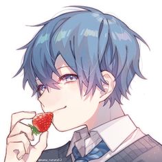 a man with blue hair and a tie holding a strawberry in his hand to his mouth