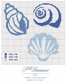 the cross stitch pattern is shown in blue and white, with an image of shells on it