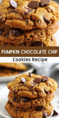 pumpkin chocolate chip cookies stacked on top of each other with text overlay that reads pumpkin chocolate chip cookies recipe