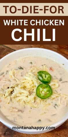 white chicken chili soup in a bowl with green peppers on top and text overlay