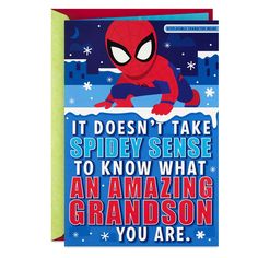 a spiderman birthday card that says it doesn't take spider sense to know what an amazing grandson you are