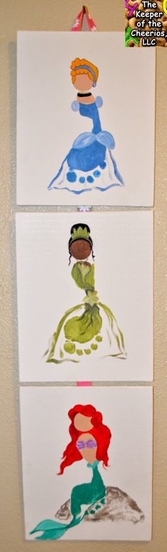 three different colored paintings on white paper with the words princess and frog painted on them