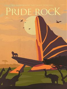 an advertisement for the pride rock national park, with animals and mountains in the background