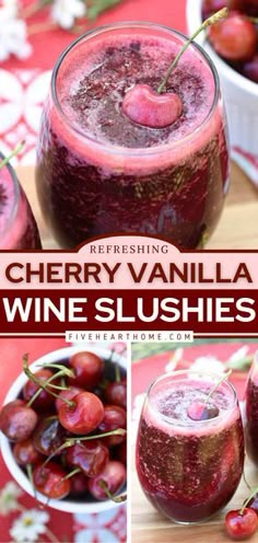 cherry vanilla wine slushies with cherries in the background and text overlay