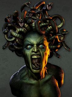 an image of a creepy woman with snakes on her head and hair in the air