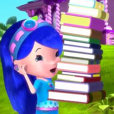 a cartoon girl with blue hair holding a stack of books in front of her face