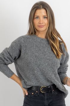 Charcoal Long Sleeve Sweater, Fitted V-neck Acrylic Sweater, Chic Gray V-neck Sweater, Oversized Long Sleeve Gray V-neck Sweater, Wine Shoes, Soft-washed Gray Crew Neck Top, Charcoal Sweater, Sweater Skirt Set, Denim Short Jumpsuit