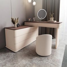 a modern dressing table with mirror and stool in a room that looks like it could be used as a bedroom