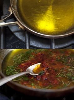 two pictures of food being cooked in a pan on top of an open burner