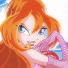 an anime character with long red hair and blue eyes holding a pink bag in her hand