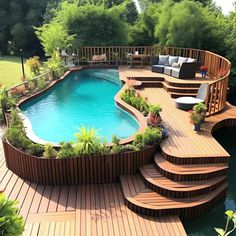 an above ground swimming pool surrounded by wooden decking and steps leading to the water