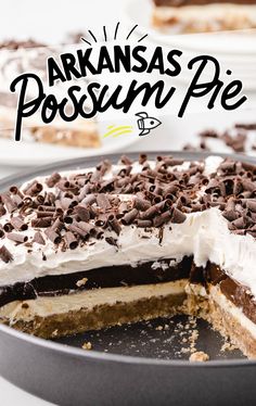 there is a cake with chocolate sprinkles on it and the words arkansas's possum pie