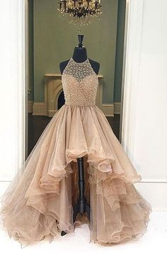 2024 Halter Beaded High Low Organza Champagne Prom Dresses Sleeveless Beaded Evening Dress For Prom, Sleeveless Beaded Prom Gown, Sleeveless Evening Dress With Rhinestones For Banquets, Sleeveless Beaded Gown For Prom Season, Sleeveless Beaded Party Gown, Sleeveless Beaded Gown For Prom, Sleeveless Rhinestone Dress For Banquet, Sleeveless Beaded Gown, Champagne Prom Dresses