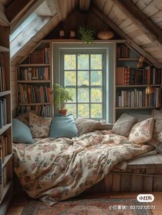 an attic bedroom with a bed, bookshelf and window filled with books in it