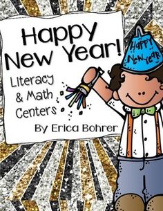 a young boy holding up a sign that says happy new year, library & math centers by erica bohrer