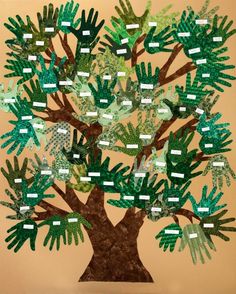 a handprinted tree is shown with many different hands on the top and bottom