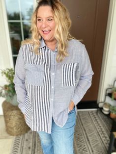 Crafted from 100% cotton, this Mixed Messages Striped Button Up Blouse offers a subtle blend of comfort and style. Featuring a classic collar, long sleeves, and double breasted pockets, this shirt is perfect for a professional or casual look. The striped design is accented with solid contrasts, making it a versatile addition to any wardrobe. Classic Cotton Blouse With Buttoned Pockets, Cotton Workwear Blouse With Buttoned Pockets, Everyday Long Sleeve Blouse With Buttoned Pockets, Chic Cotton Blouse With Buttoned Pockets, Cotton Button-up Blouse With Buttoned Pockets, Look Older, Style Mistakes, Stripes Design, Cool Things To Make